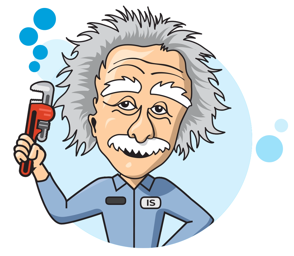 Cartoon of a man with wild hair holding a red wrench, wearing a blue uniform labeled IS.