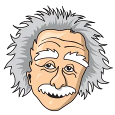 Cartoon illustration of a smiling, gray-haired scientist with bushy eyebrows and a mustache.