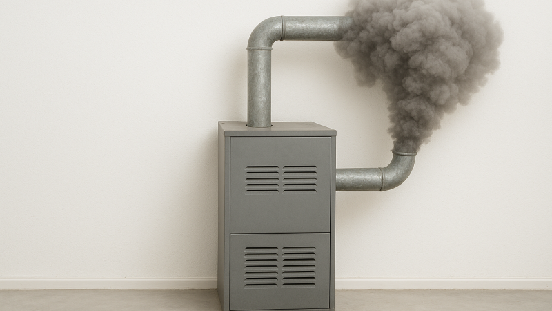 Gray furnace pipe emits dark smoke in a minimal room, highlighting potential ventilation issues.