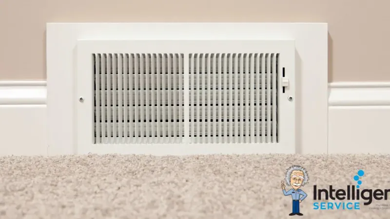 Wall vent on beige carpet in home interior, featuring Intelligent Service logo for HVAC expertise.