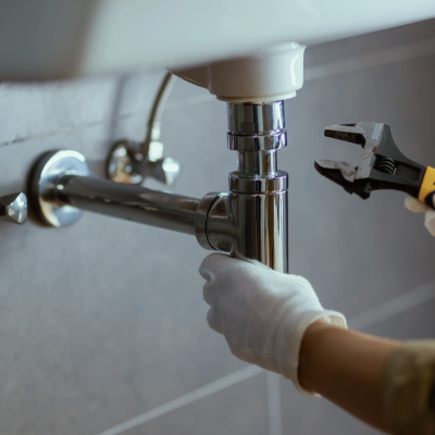 Person using wrench to fix pipes under a sink in a bathroom setting.