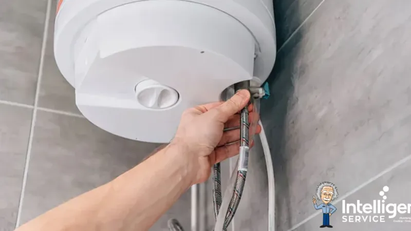 Hand checks pipes of a boiler in a bathroom, with Intelligent Service logo visible.