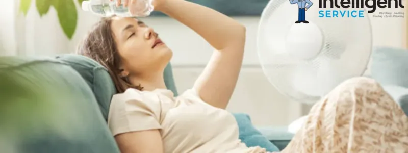 Woman cooling down with water bottle and fan in summer heat. Intelligent Service logo in the background.