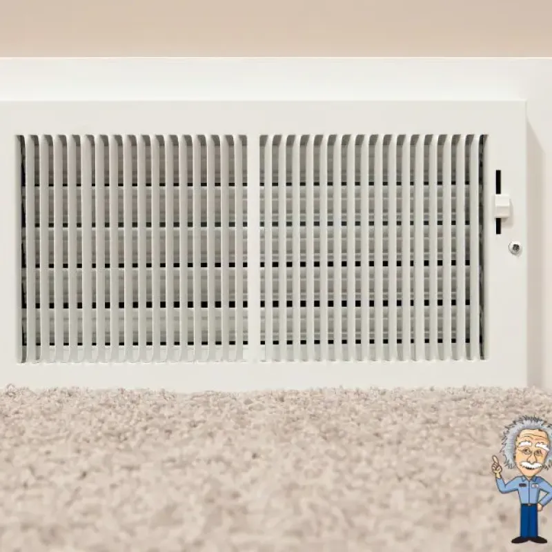 Wall vent on beige carpet in home interior, featuring Intelligent Service logo for HVAC expertise.