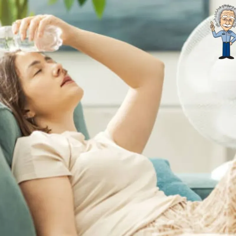 Woman cooling down with water bottle and fan in summer heat. Intelligent Service logo in the background.