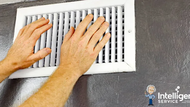 Hand adjusting water heater connections for maintenance in a tiled bathroom. Intelligent Service logo visible.