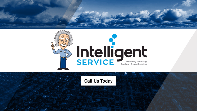 Cartoon character with Intelligent Service logo offering plumbing, heating, cooling, and drain cleaning services.