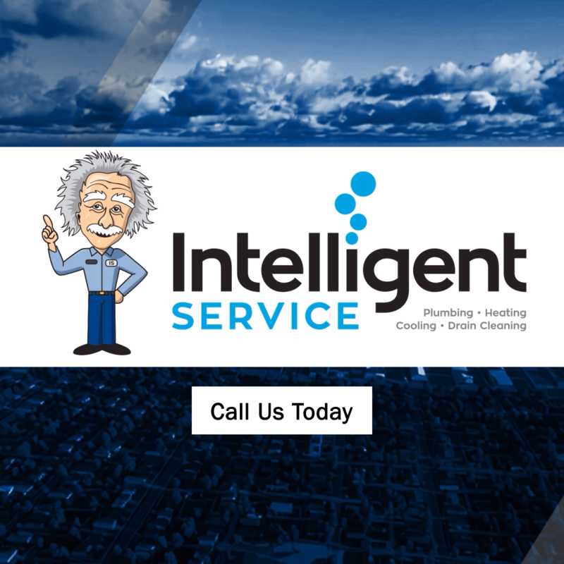 Cartoon character with Intelligent Service logo offering plumbing, heating, cooling, and drain cleaning services.